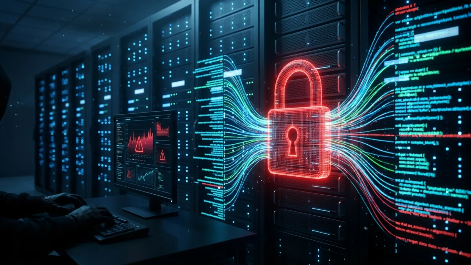 An illustration of a hacker at a computer in a server room with a glowing red digital padlock and data streams.