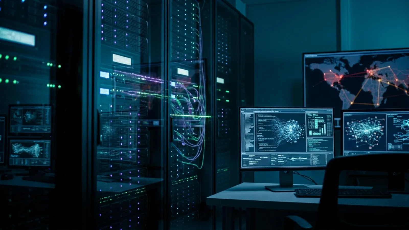 Monitors displaying network maps and data visualizations next to glowing server racks in a dark server room.
