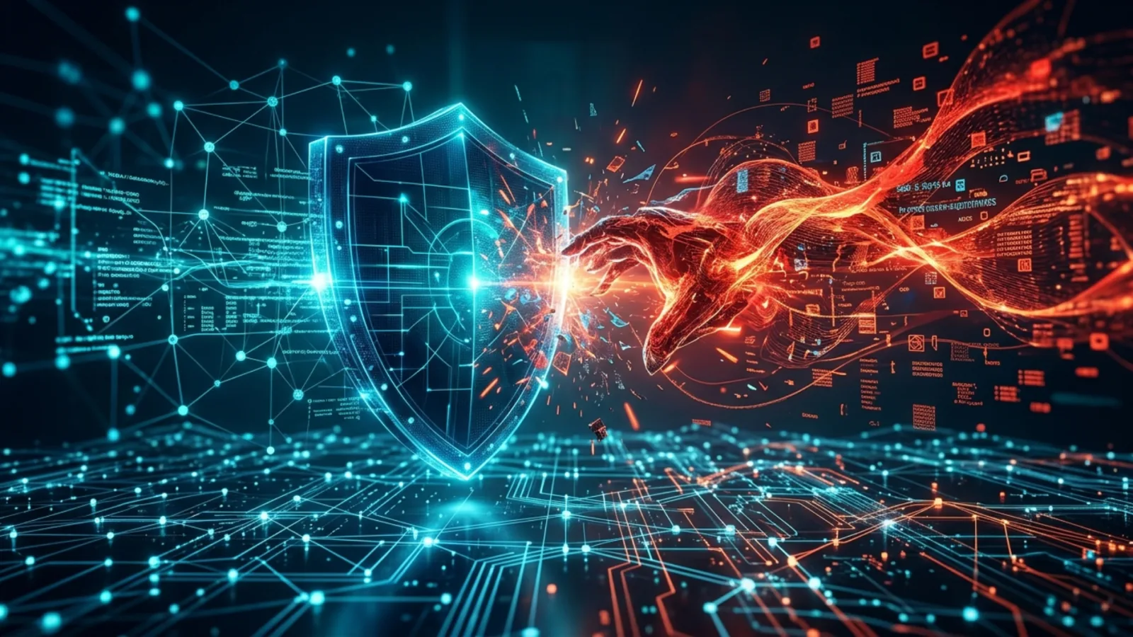 Digital illustration of a glowing blue shield blocking a fiery red digital hand, symbolizing cyber defense and attack.