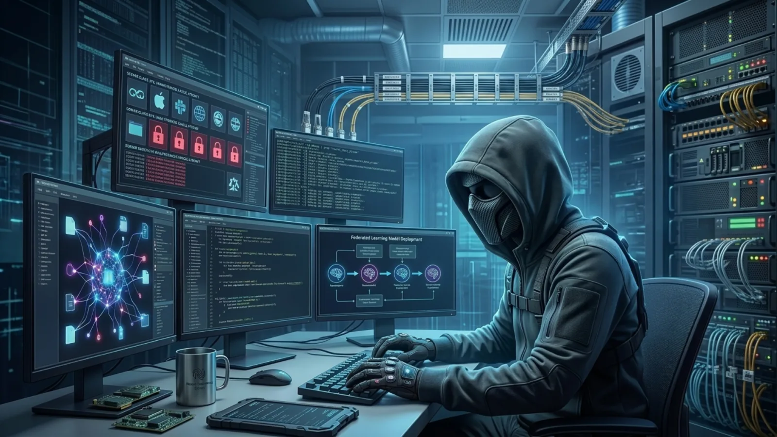 サーバー室で、コードや連合学習モデルの図が表示されたモニターを前にキーボードを操作するフード姿のハッカー。