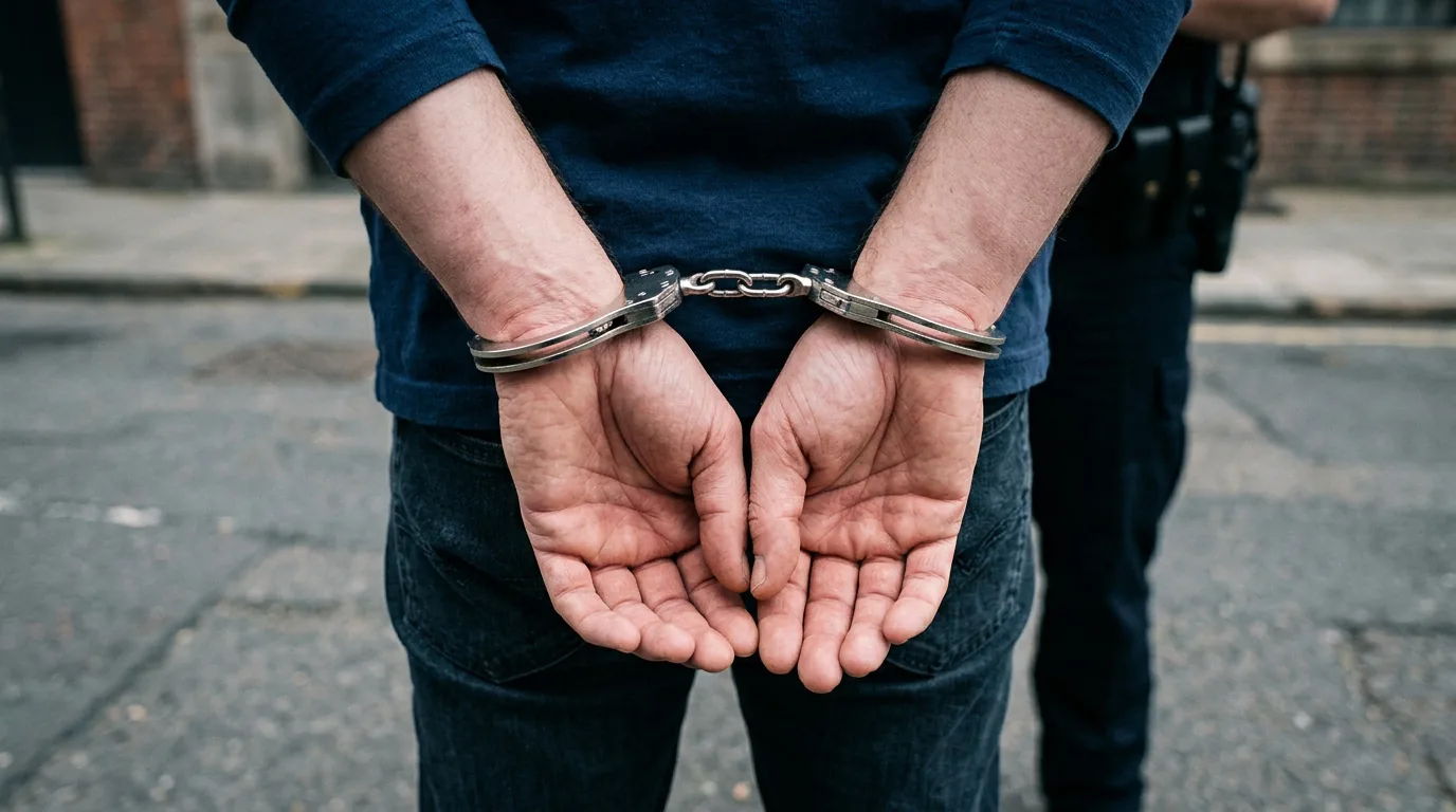 A close-up of a suspect's hands cuffed behind their back, with a police officer standing in the background.