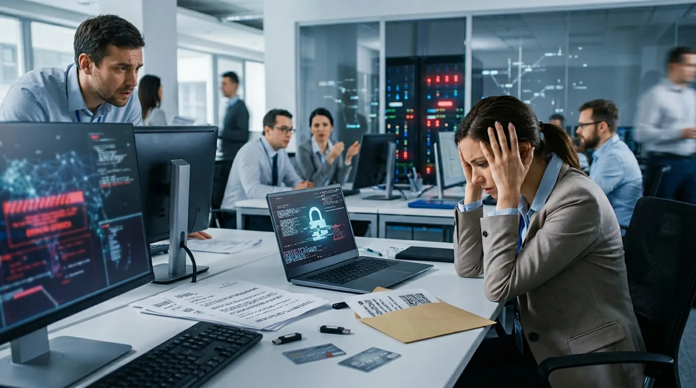 A stressed IT professional holds her head in her hands in front of a laptop displaying a security lock icon.