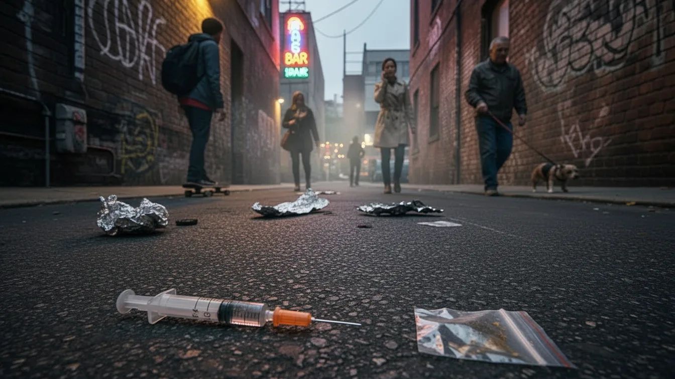 A syringe and a small baggie of drugs on an alley street floor, with people walking in the background.
