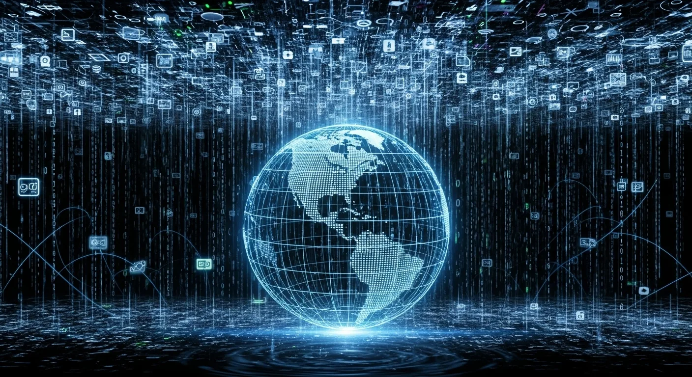 A digital illustration of a glowing blue wireframe globe surrounded by falling data streams in cyberspace.