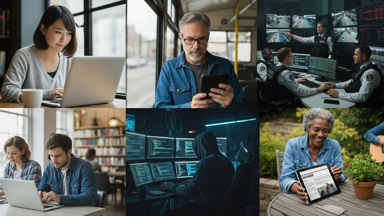 A collage of diverse people, including security officers, a hacker, and everyday citizens, using digital devices.