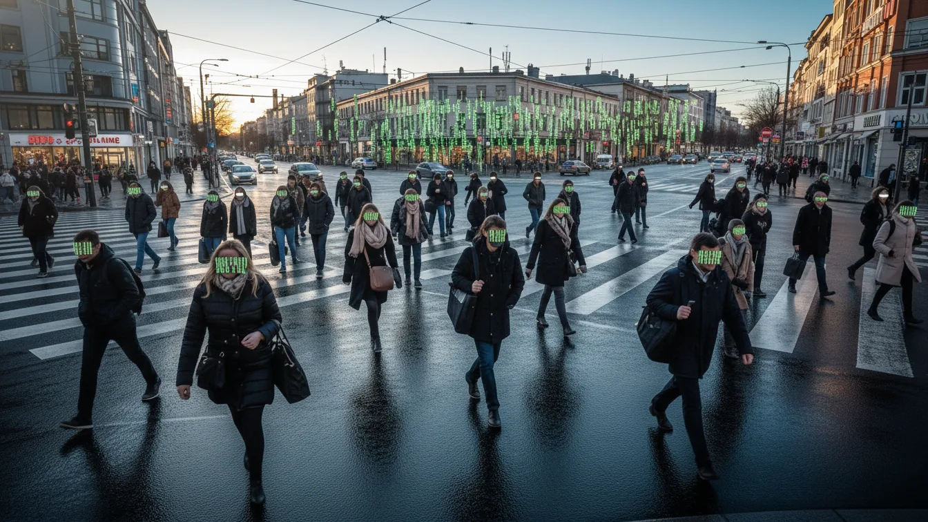 A crowd of pedestrians crossing a city street, their eyes censored with green digital code to represent anonymity.