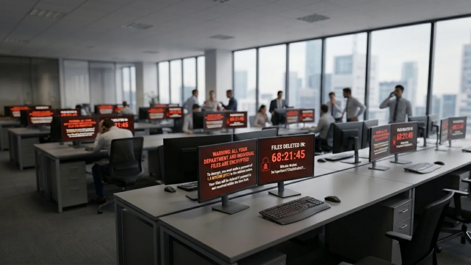Office computer monitors displaying red ransomware warning screens with countdown timers.