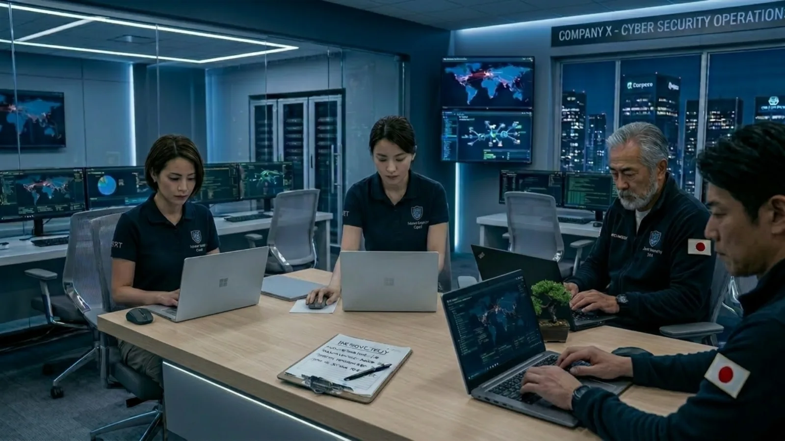 Cybersecurity professionals working on laptops in a modern security operations center with network maps on screens.