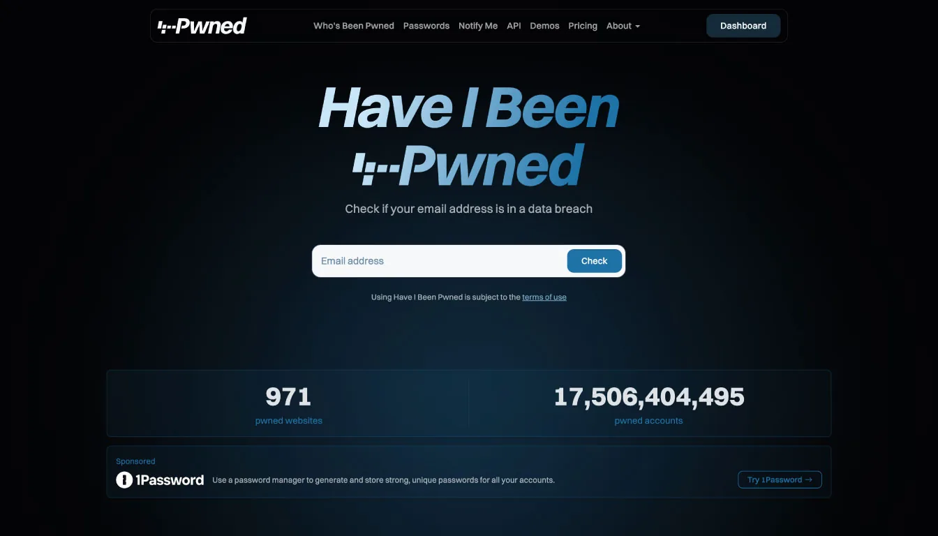 Screenshot of the Have I Been Pwned homepage, showing a search bar to check if an email address has been leaked.