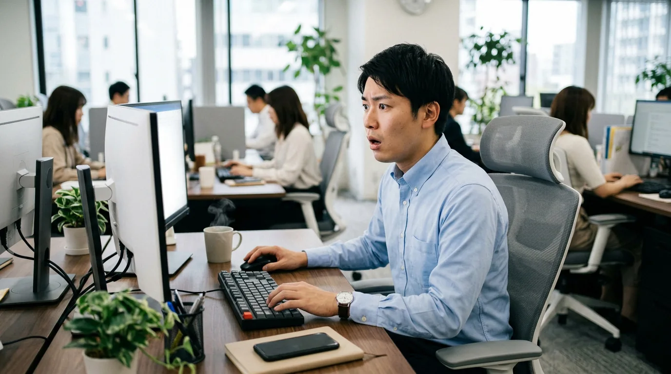 An office worker looking shocked and surprised while staring at his computer screen.