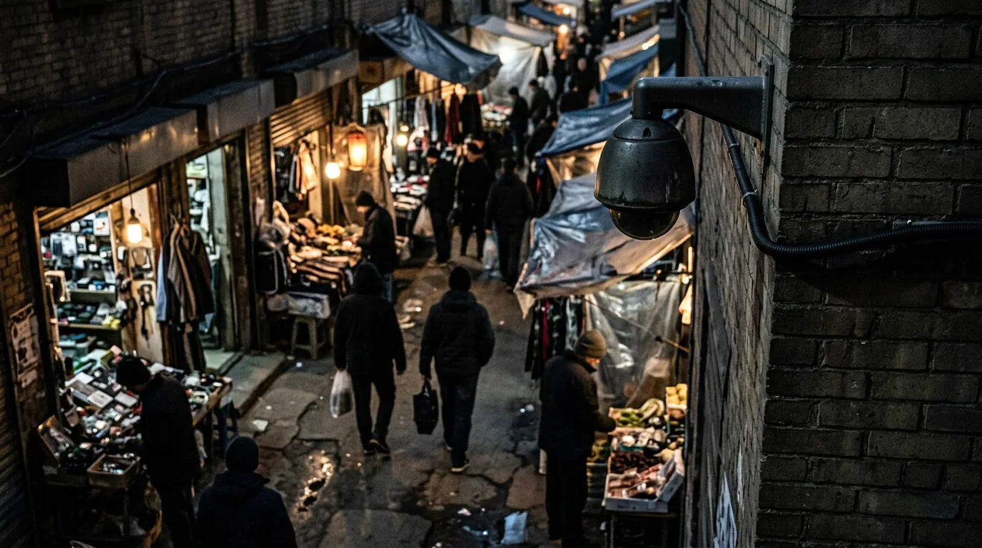 A security camera on a brick wall monitoring a dark, crowded alleyway market at night.