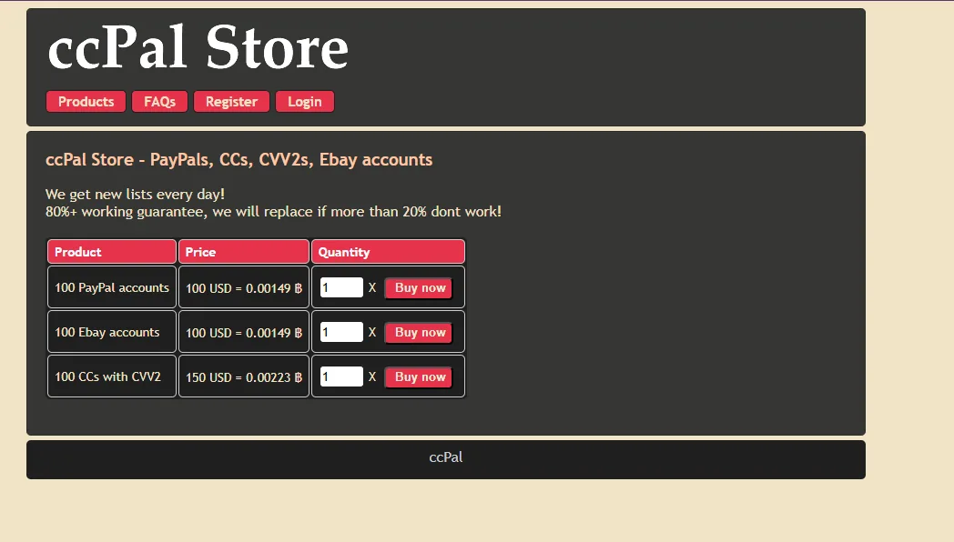 Screenshot of the ccPal Store website selling stolen PayPal and eBay accounts and credit cards.