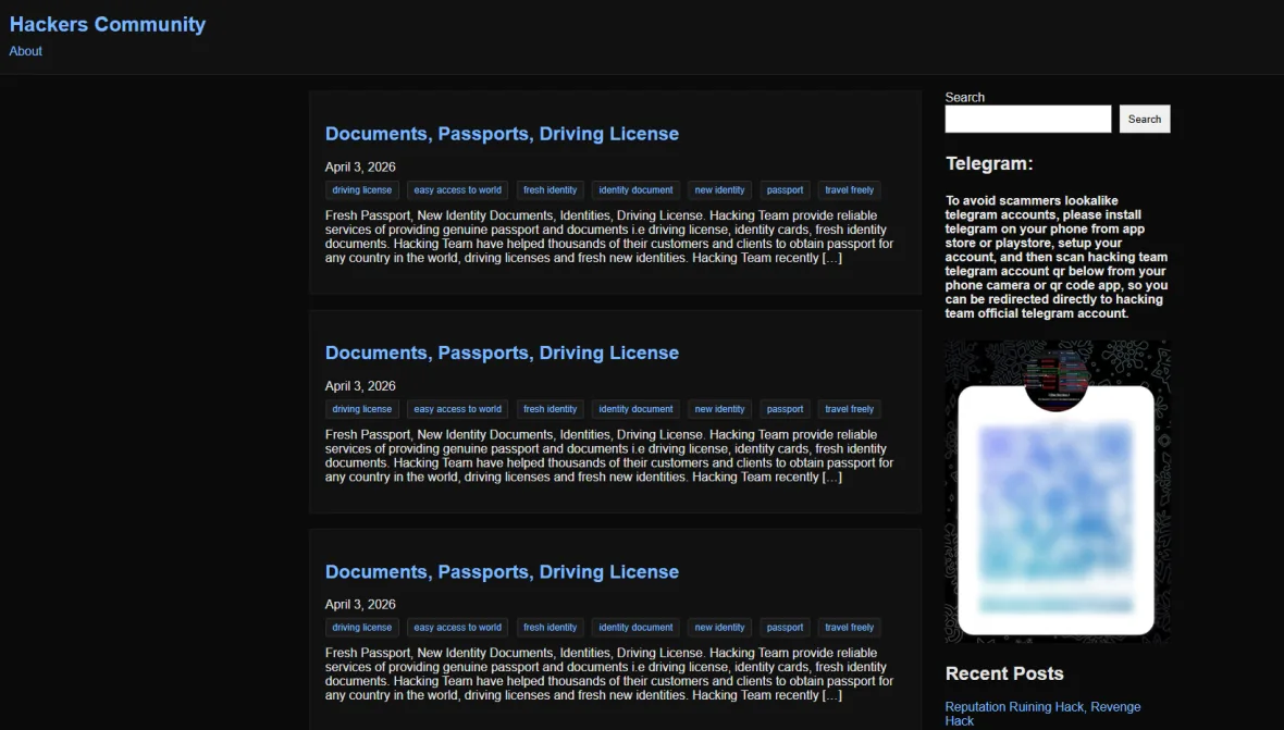 Screenshot of the Hackers Community dark web site offering fake passports and licenses, with a blurred QR code.