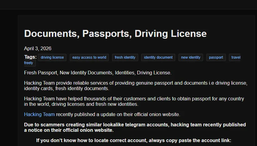 Screenshot of a dark web site by "Hacking Team" offering fake passports, driving licenses, and identity documents.
