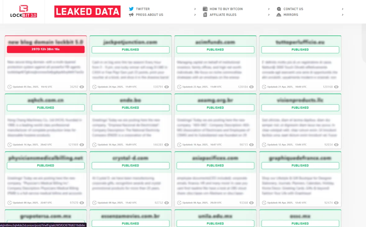 Screenshot of the LockBit 3.0 ransomware leak site showing a list of victims with redacted details.