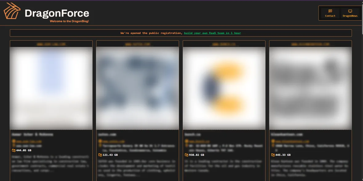 Screenshot of the DragonForce ransomware leak site showing blurred listings of victims and stolen data sizes.
