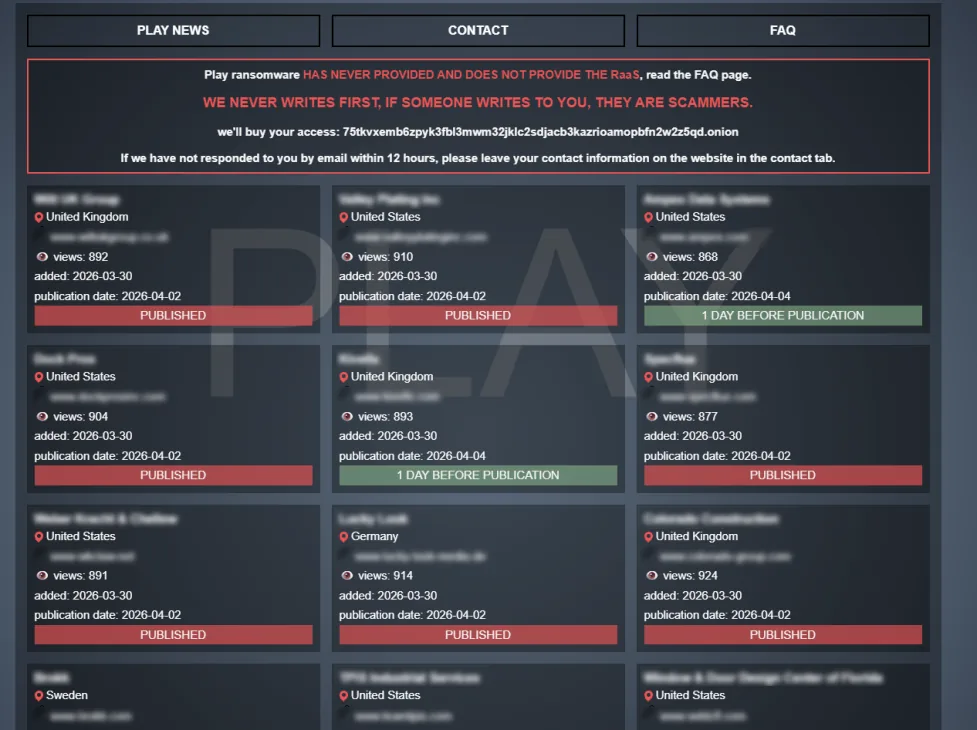 Screenshot of the Play ransomware leak site displaying a list of victim organizations with redacted names.
