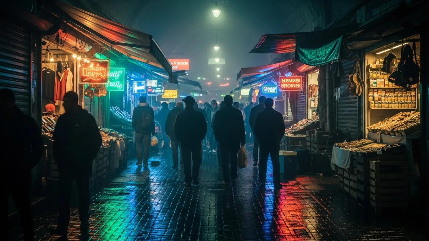 ネオンが光る夜の暗い市場を歩く人々のシルエットが、隠れた市場を象徴しています。