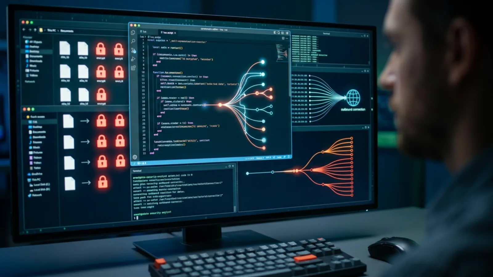 A person looks at a computer screen displaying ransomware code, locked file icons, and network diagrams.