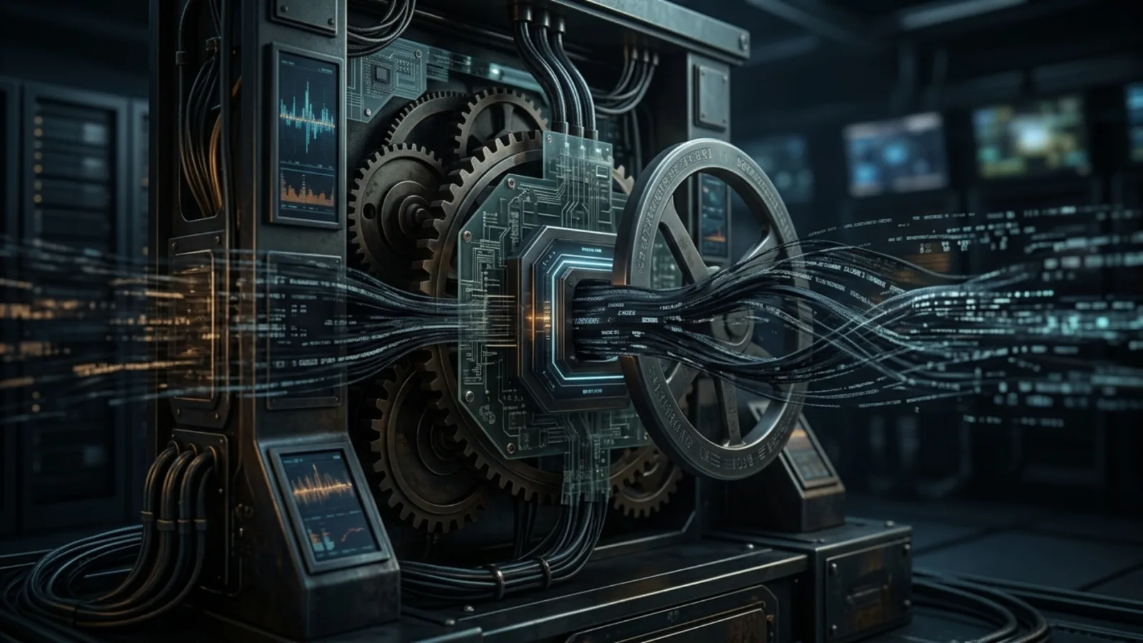 A futuristic machine with gears, circuit boards, and bundles of cables representing digital data streams.