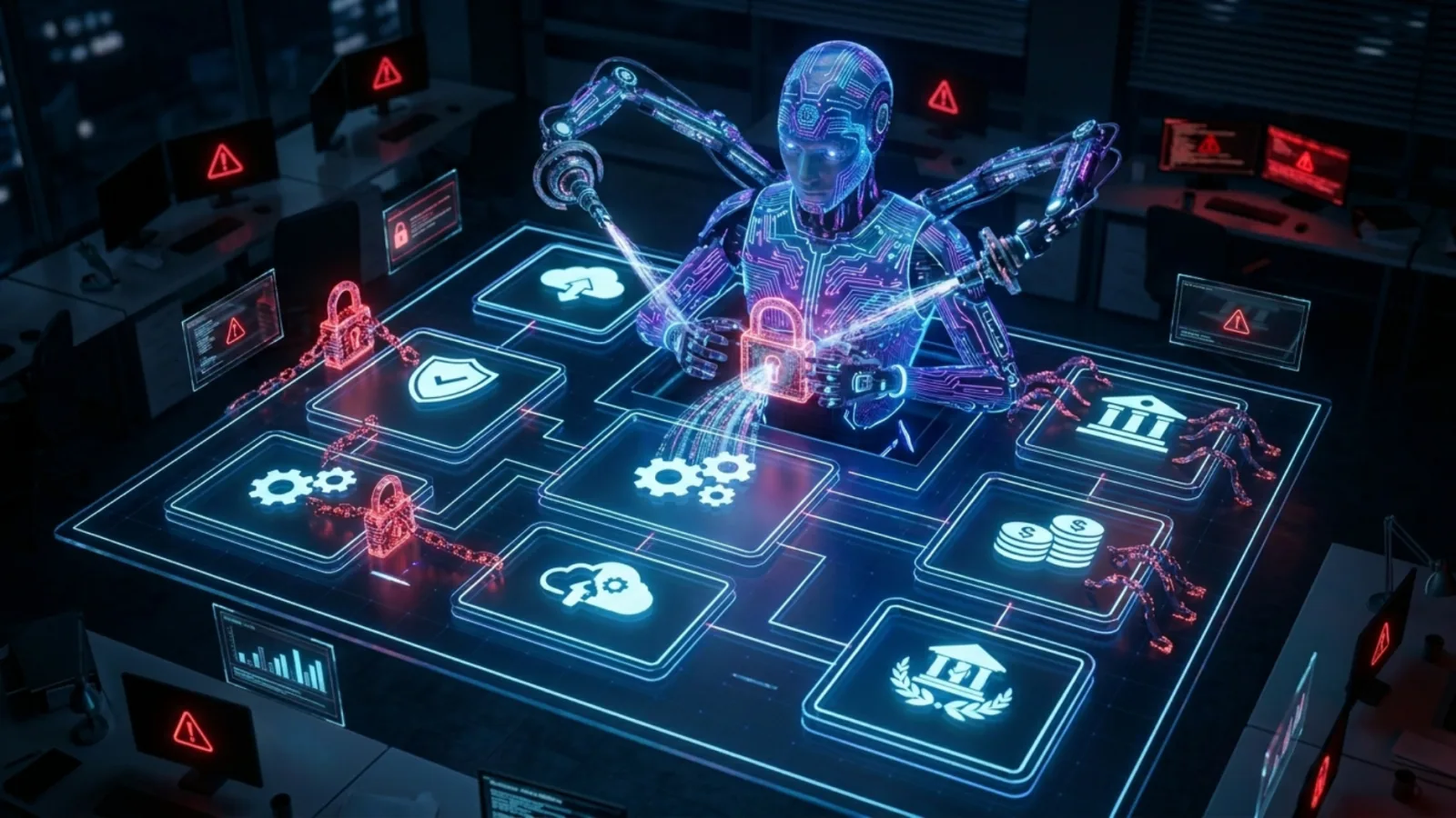 An illustration of a multi-armed AI robot manipulating a holographic network map with locked system icons.