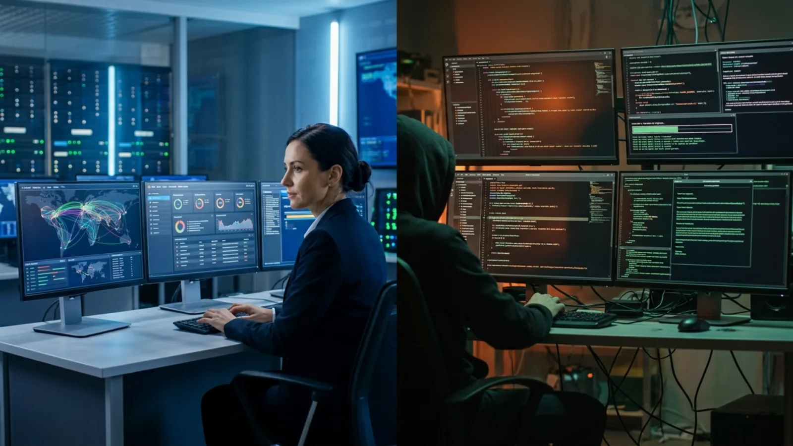 Split screen showing a cybersecurity analyst in a bright office and a hooded hacker in a dark room with code screens.
