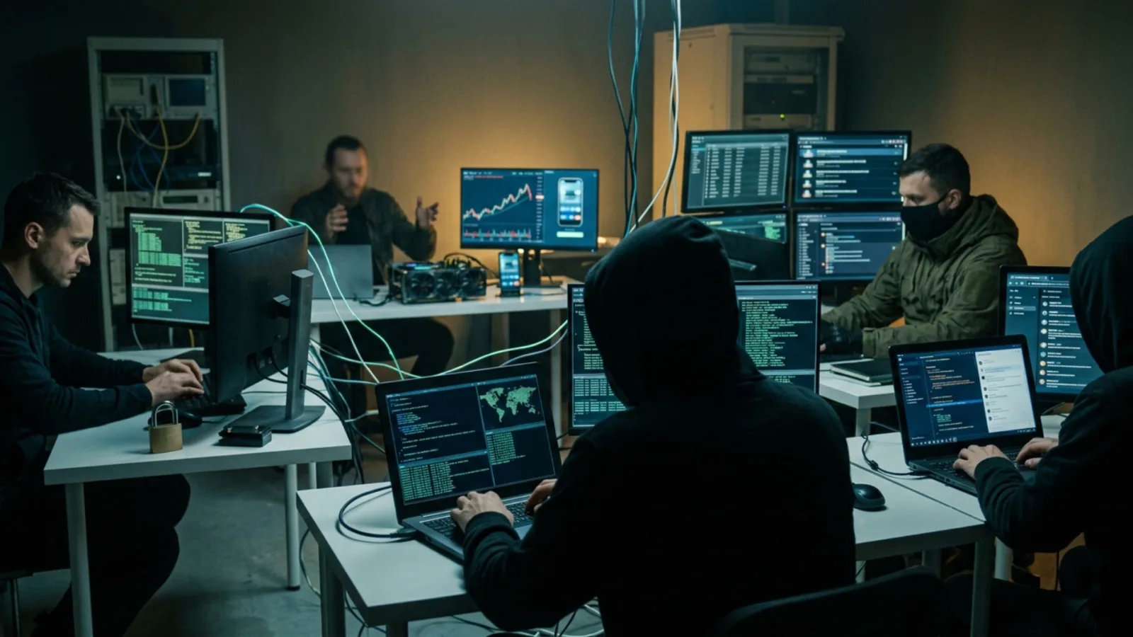 A group of cybercriminals working on multiple laptops and monitors displaying code in a dark room.