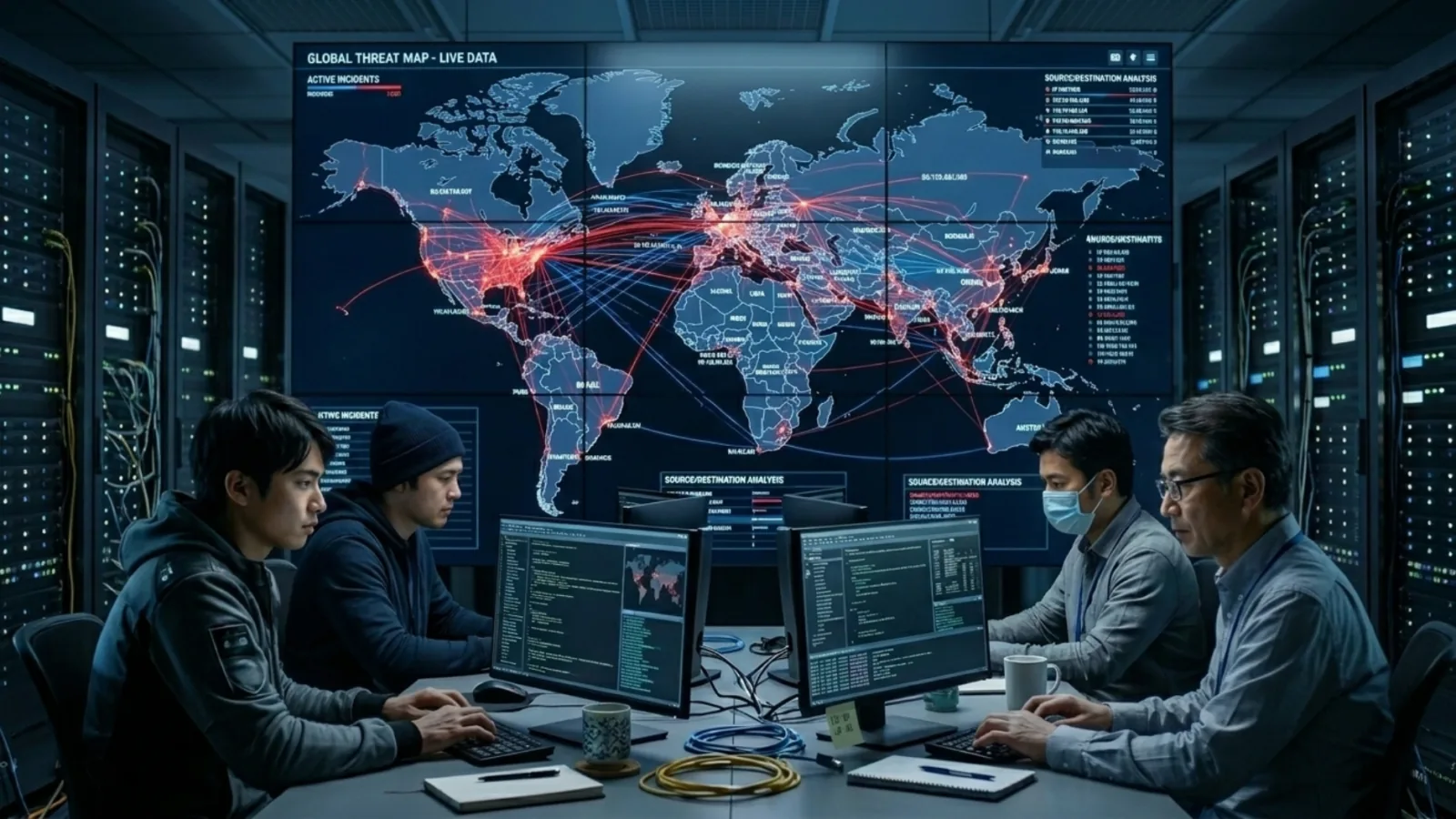 Cybersecurity analysts in a security operations center monitor a global threat map showing live cyber attacks.