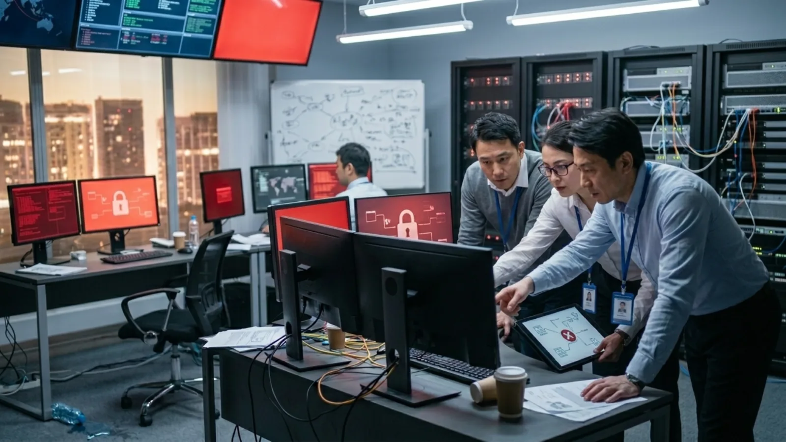 A cybersecurity team analyzing computer screens displaying red ransomware lock icons in a control room.