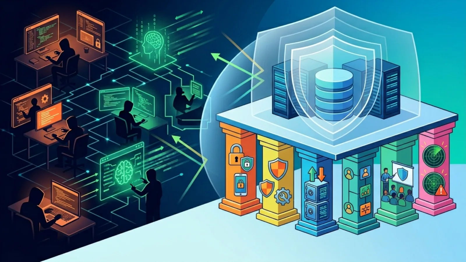 An illustration of hackers on the left and a secure database protected by a shield and six security pillars.