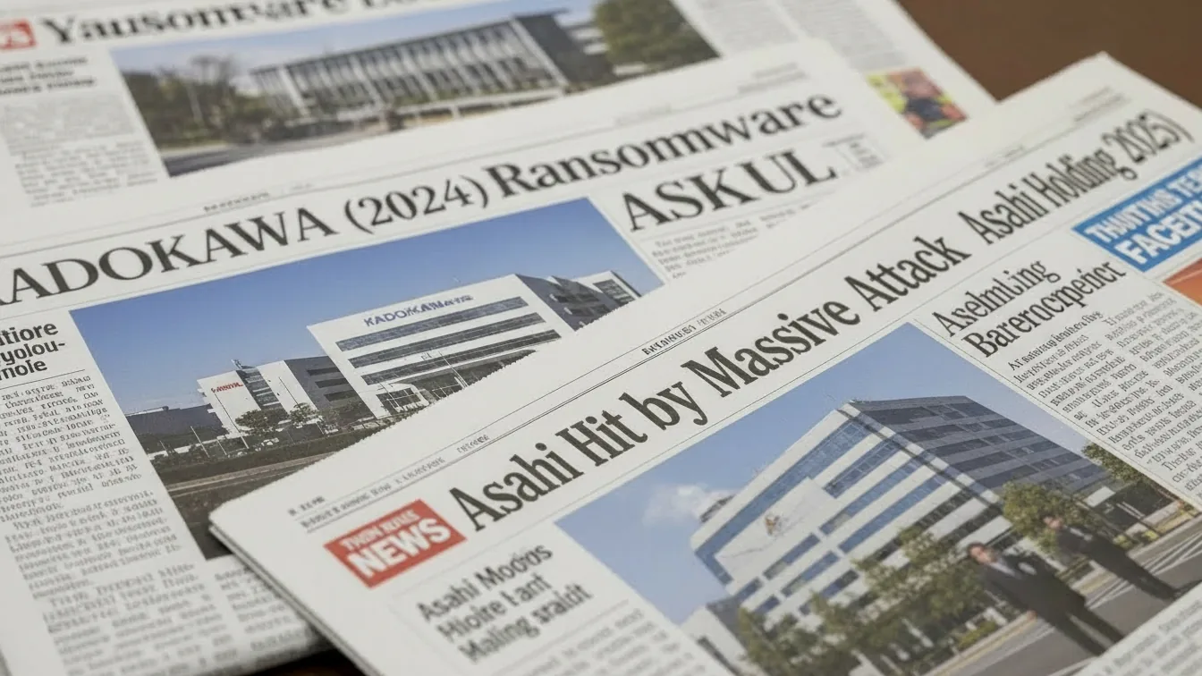 Newspaper headlines reporting on ransomware attacks targeting Japanese companies like KADOKAWA and Asahi.