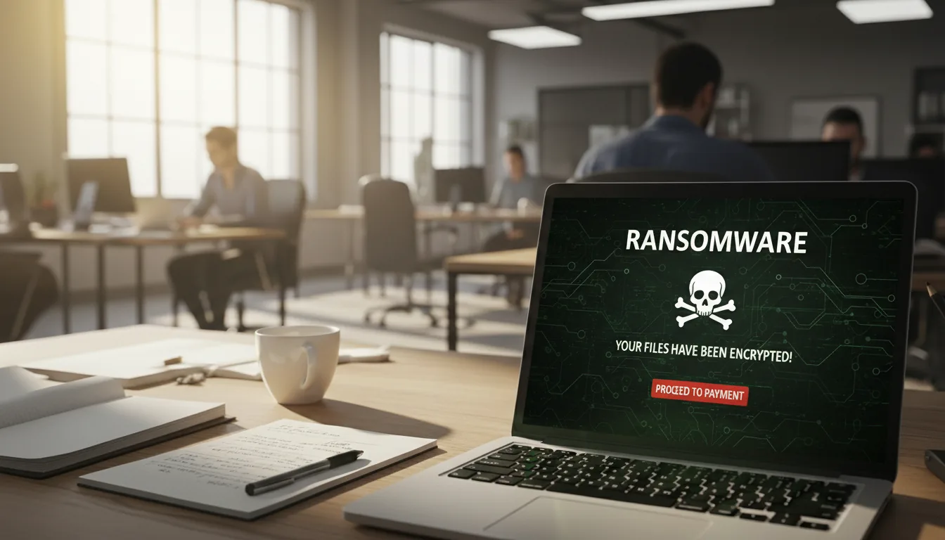 A laptop on an office desk displaying a ransomware screen that reads 'YOUR FILES HAVE BEEN ENCRYPTED!'.