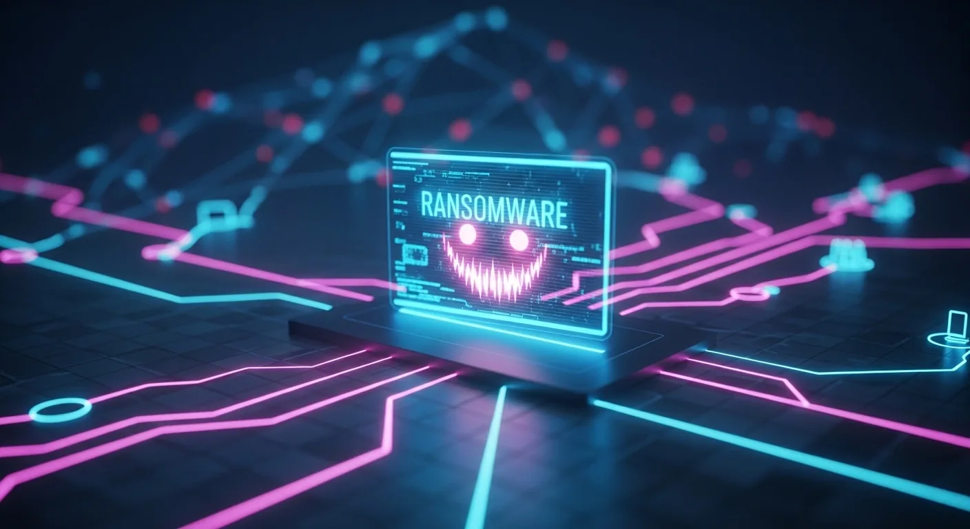 A stylized laptop screen displaying "RANSOMWARE" with a glowing evil face, surrounded by neon circuit lines.