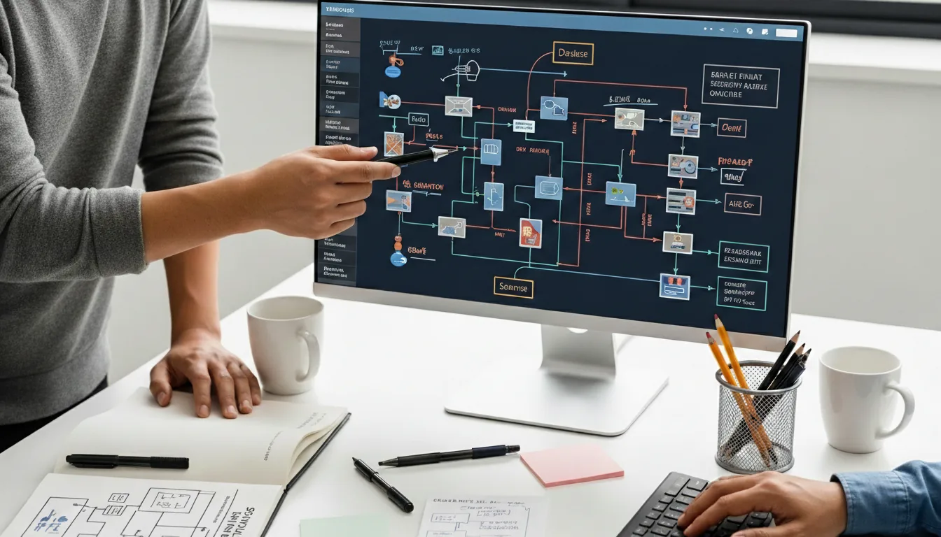 A person points a pen at a complex network architecture diagram displayed on a computer monitor.