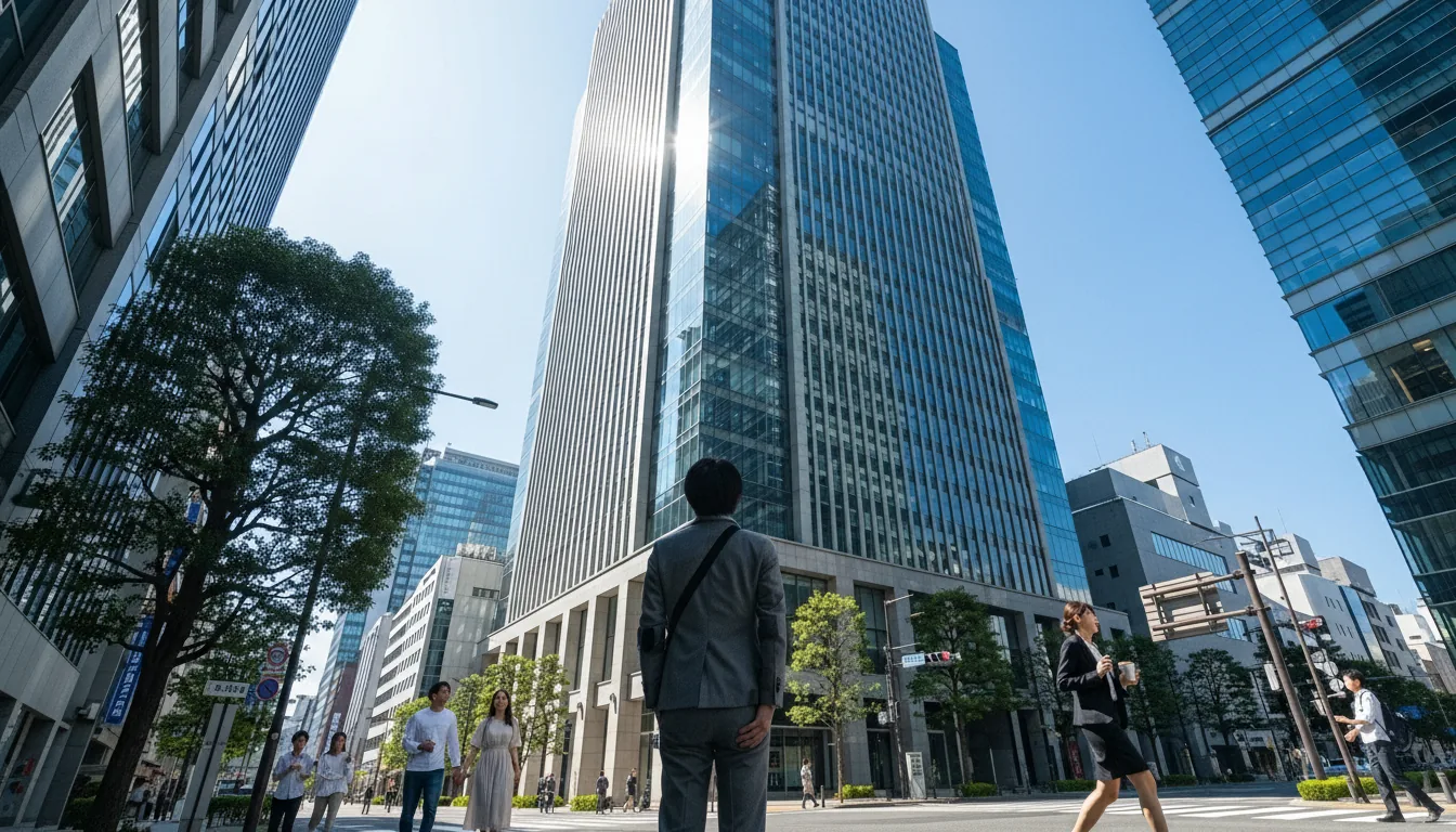 A businessman looking up at towering office skyscrapers in a Japanese business district.