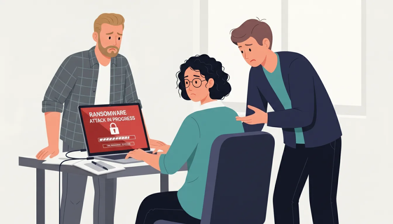 Illustration of worried office workers looking at a laptop screen displaying "RANSOMWARE ATTACK IN PROGRESS".