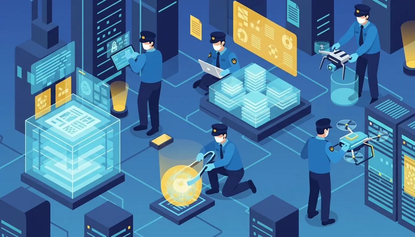 Isometric illustration of security officers investigating digital data and servers in a futuristic data center.