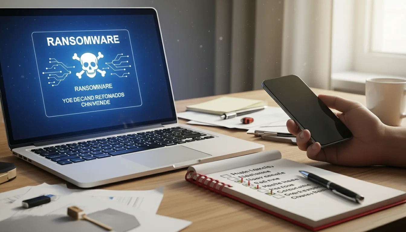 A laptop displaying a ransomware warning screen next to a hand holding a smartphone and a checklist on a desk.