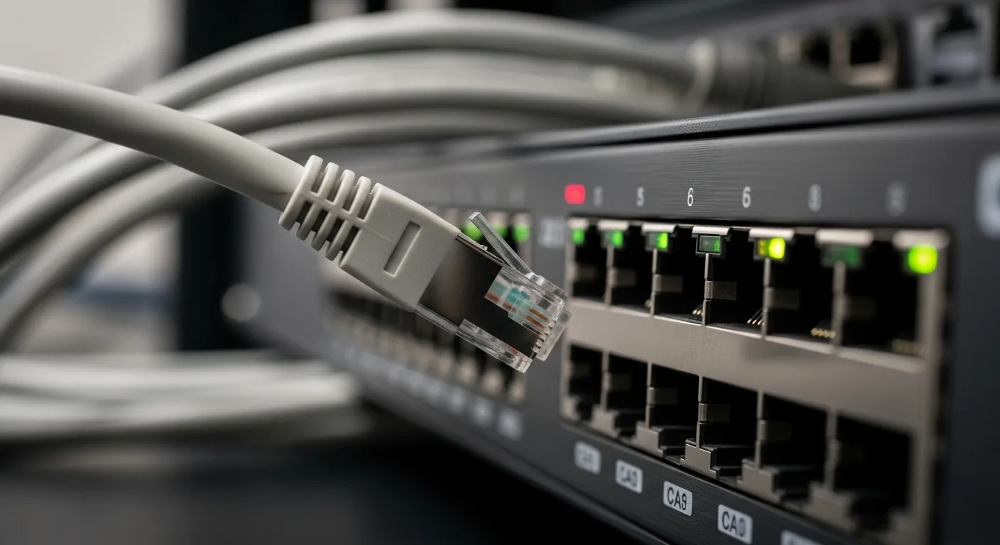 A close-up photo of an Ethernet cable unplugged next to a network switch with green indicator lights.