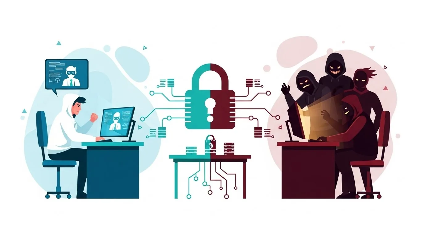 Illustration of a negotiator at a computer facing a group of hackers, separated by a split padlock icon.