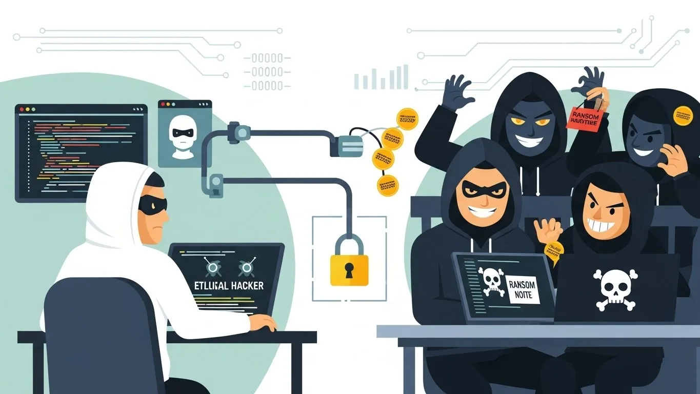 Illustration of an ethical hacker negotiating with a group of ransomware hackers over a locked connection.