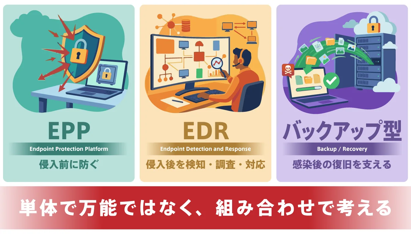 Diagram comparing EPP (pre-intrusion), EDR (post-intrusion), and backup/recovery layers for ransomware defense.