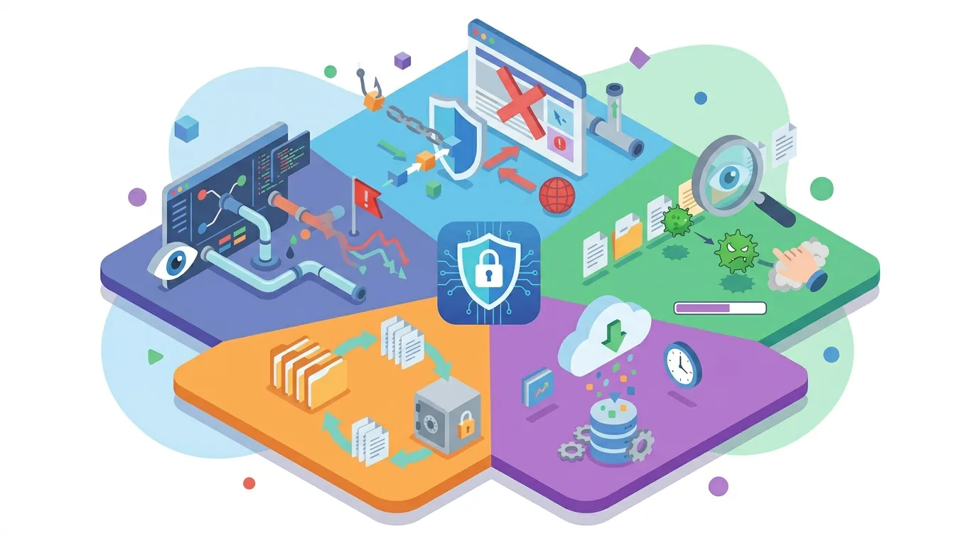 Isometric illustration showing key cybersecurity features like threat detection, data backup, and network security.