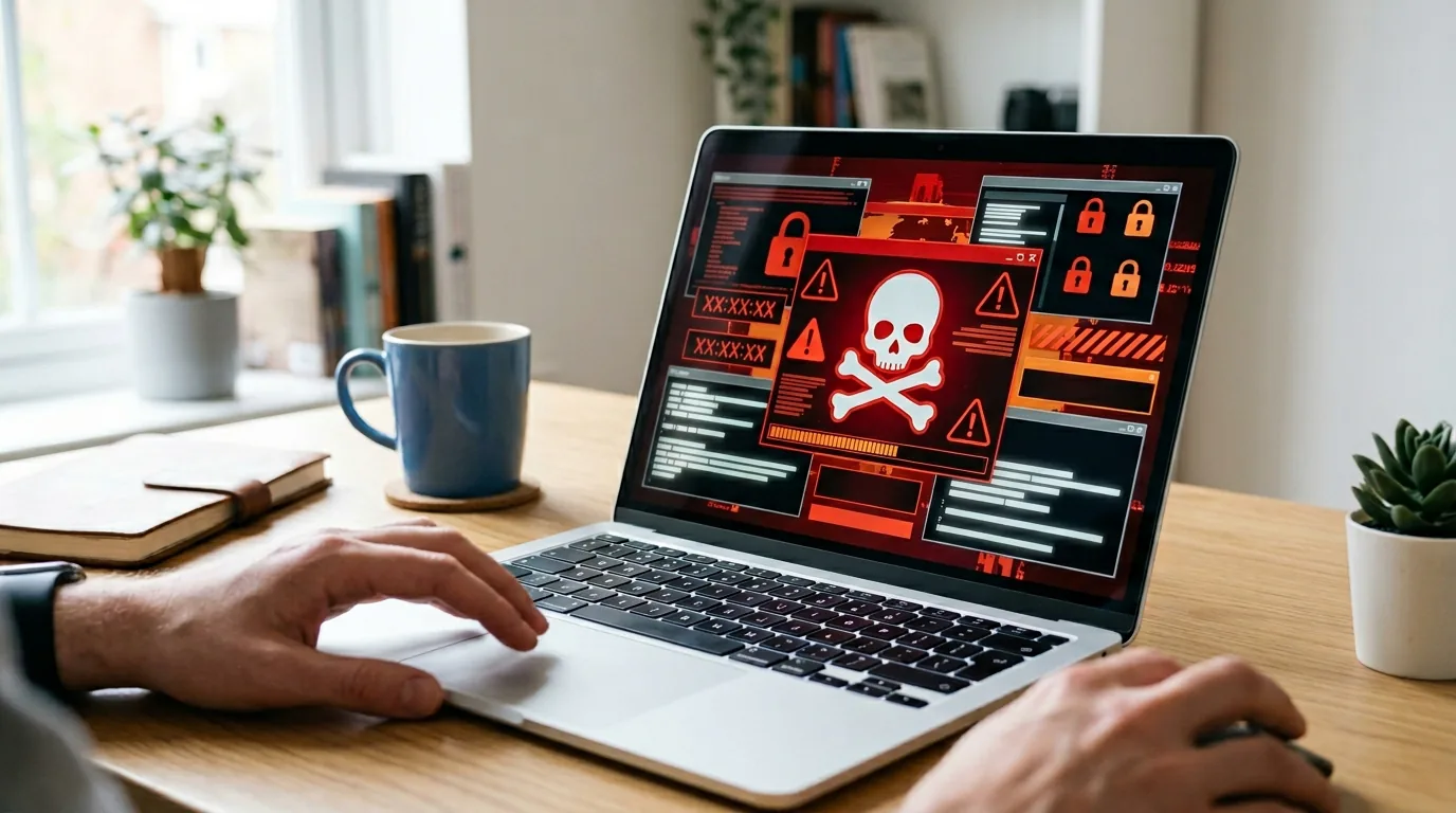 A laptop on a desk displaying a red ransomware warning screen with a skull and crossbones icon.