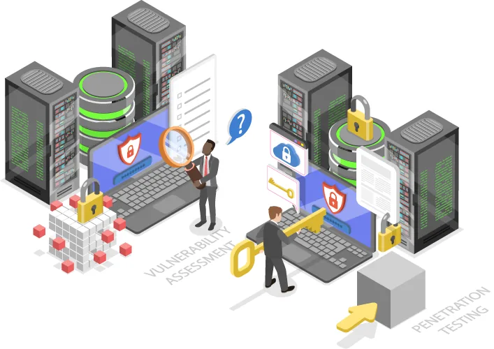 An illustration comparing vulnerability assessment and penetration testing on servers and laptops.