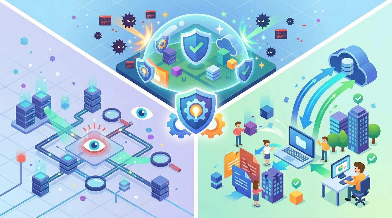 An illustration of cybersecurity concepts: threat monitoring, a protective shield dome, and secure cloud backup.