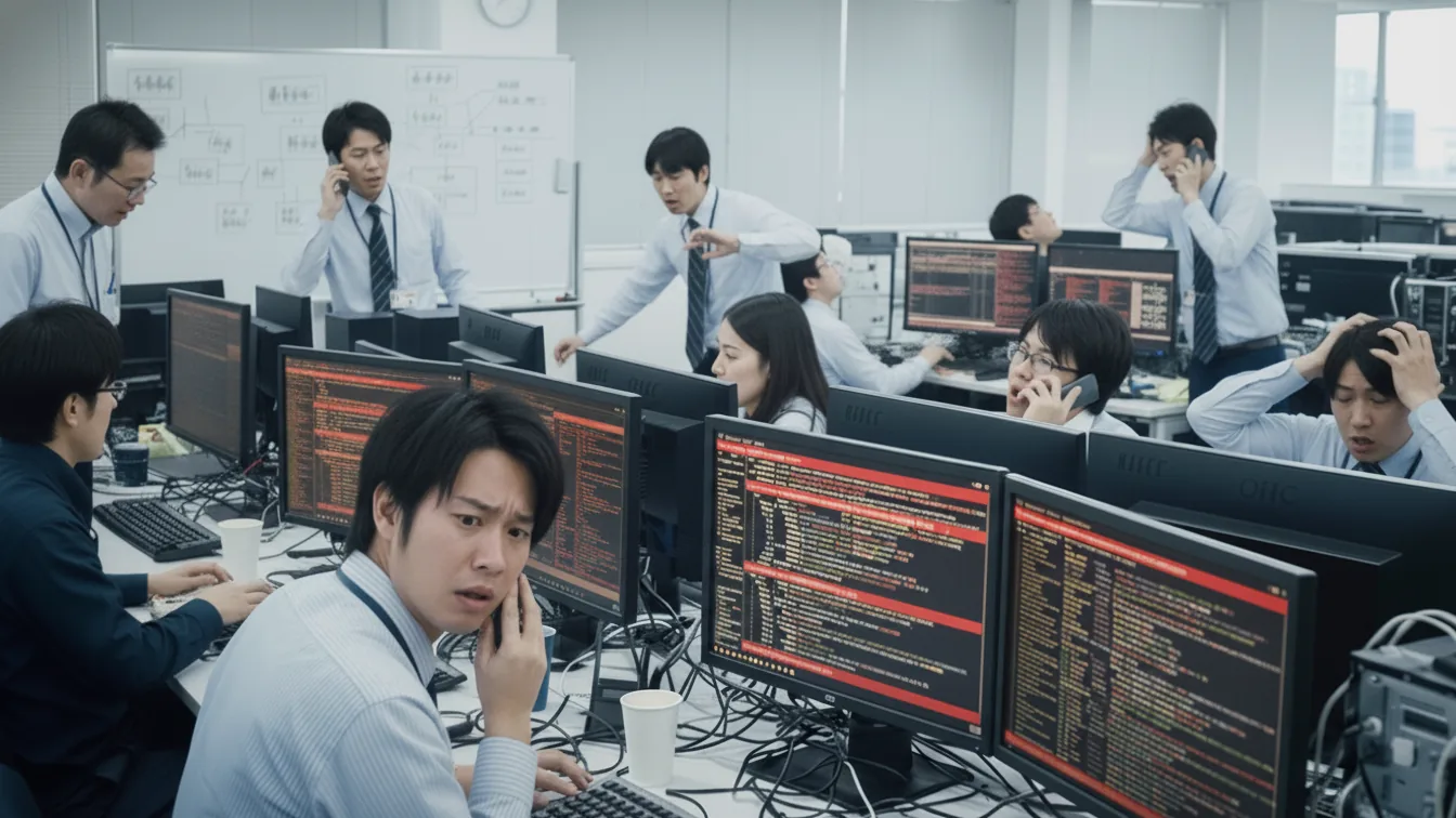 Stressed IT professionals in an office reacting to a cyberattack displayed on monitors with red code.