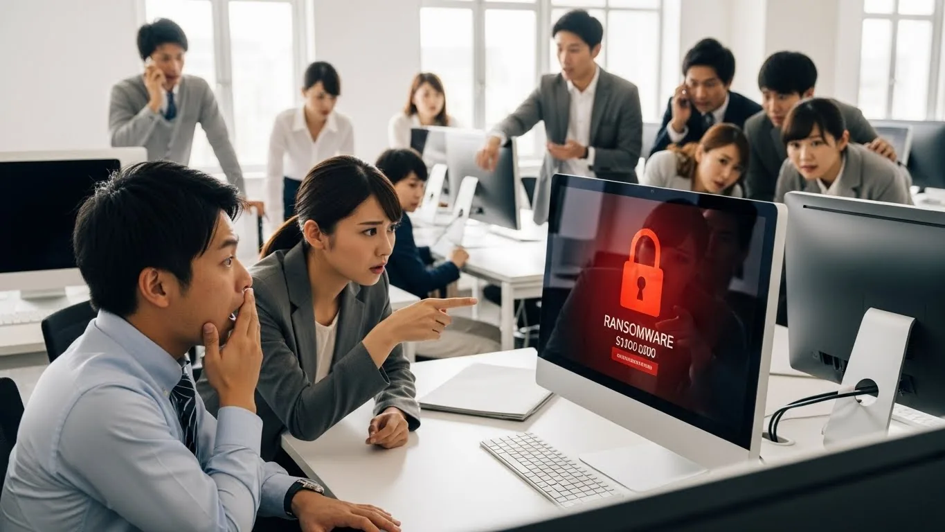 Office workers looking shocked at a computer screen displaying a red ransomware lock screen with a padlock icon.