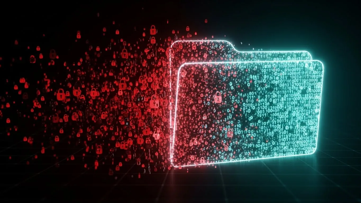 A digital graphic of a glowing folder dissolving into red padlocks on the left and binary code on the right.