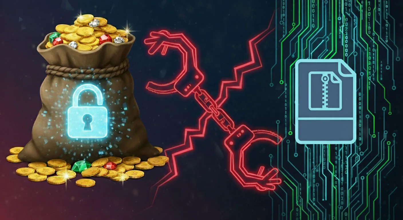 Illustration of a locked bag of gold coins, red neon handcuffs, and a zip file icon on a circuit board.
